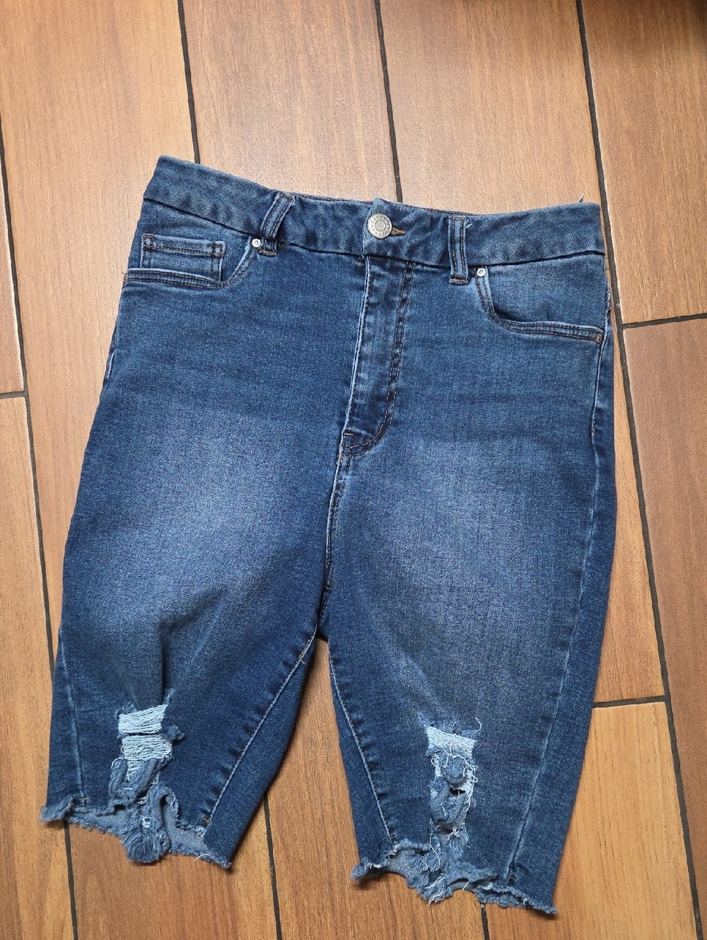 refuge Dark Blue Distressed Cropped Denim Shorts